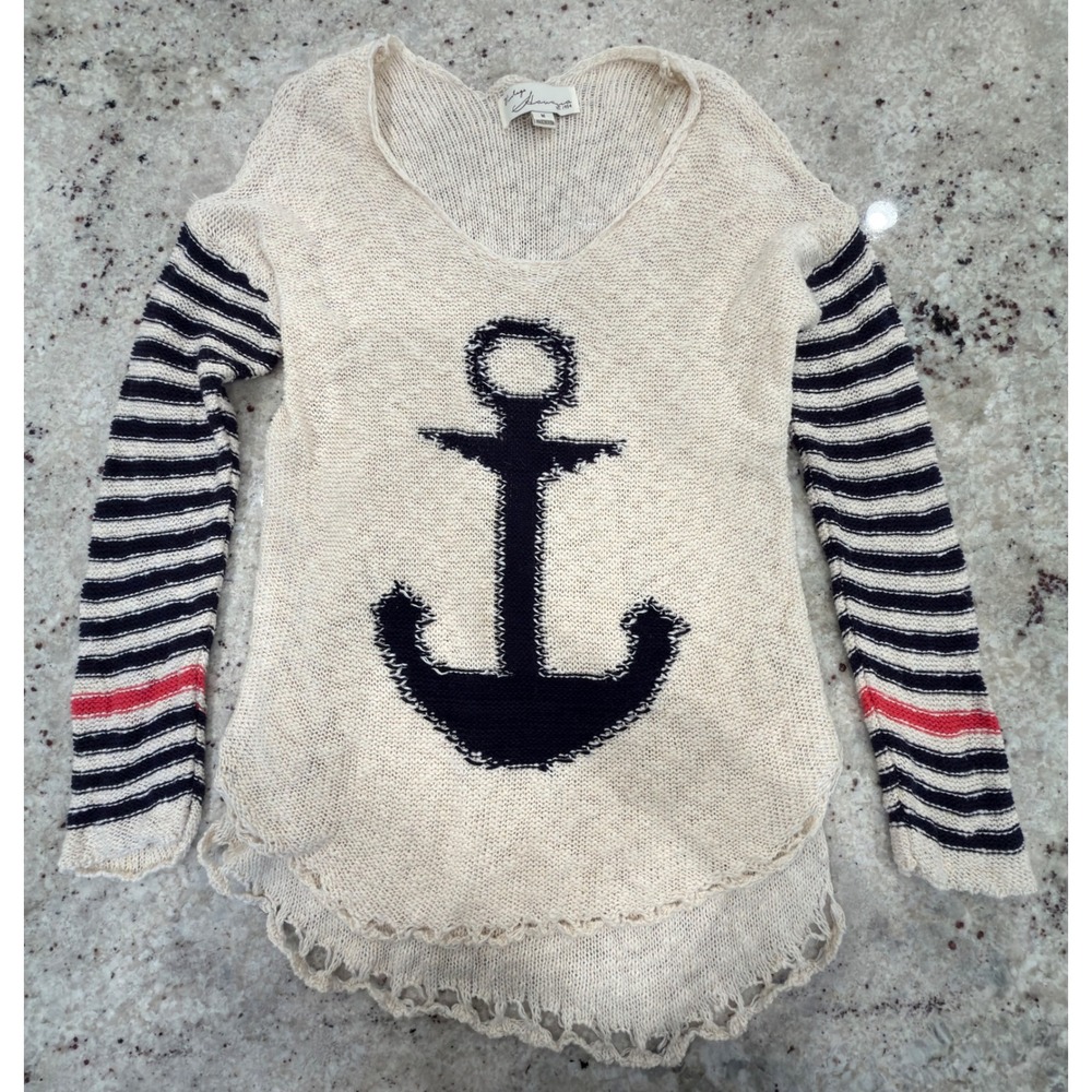 Vintage Havana Size M Cream Anchor Knit Sweater Striped Sleeves 100% Cotton